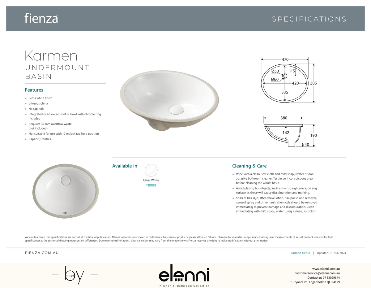 Karmen Undermount Basin - Elenni specification drawing
