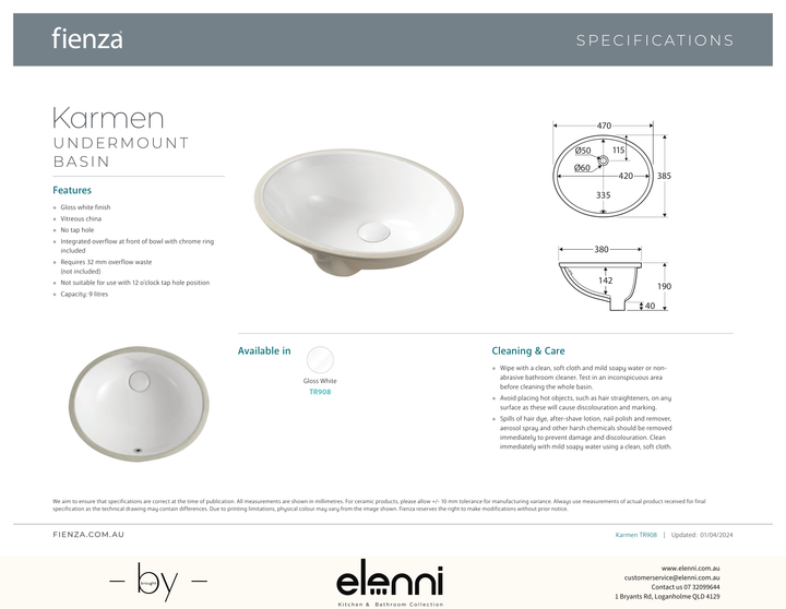 Karmen Undermount Basin - Elenni specification drawing