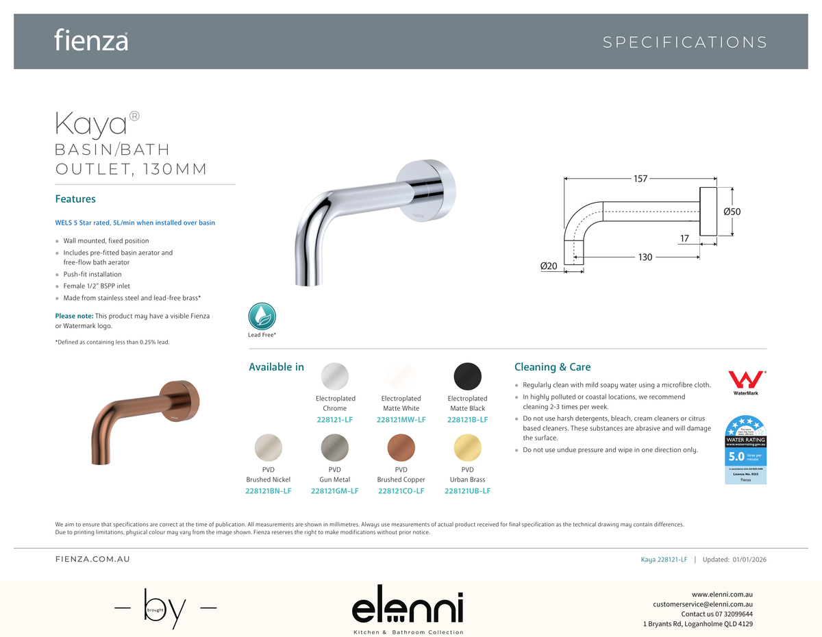 Kaya Basin/Bath Outlet, 130mm - Spec sheet