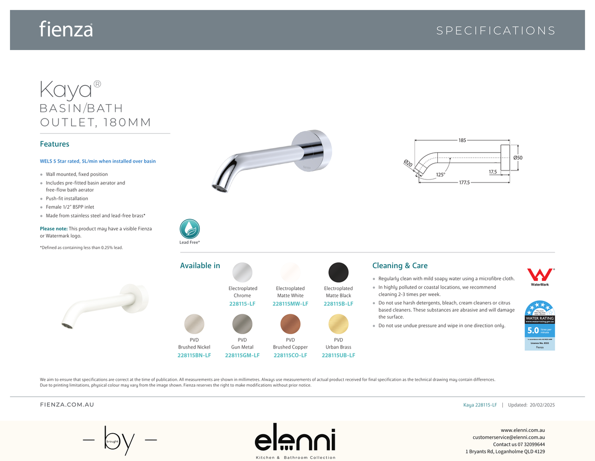 Kaya Basin/Bath Outlet, 180mm - Spec sheet