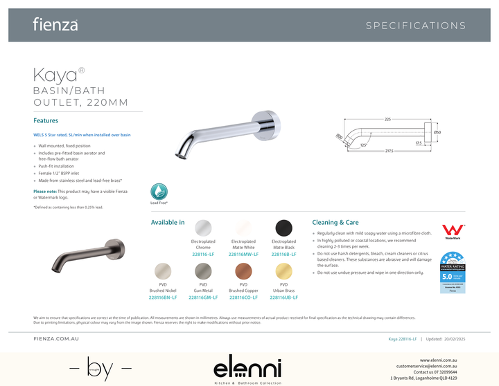 Kaya Basin/Bath Outlet, 220mm - Spec sheet