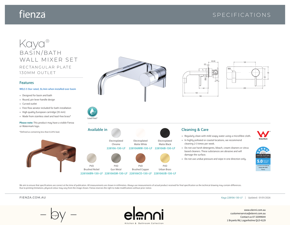 Kaya Basin/Bath Wall Mixer Dress Kit, Rectangular Plate, 130mm Outlet - Trim Kit Only - Spec sheet