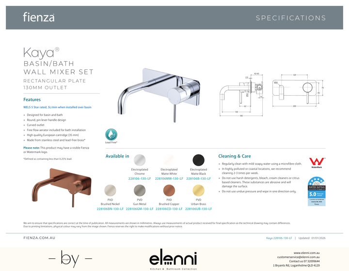 Kaya Basin/Bath Wall Mixer Dress Kit, Rectangular Plate, 130mm Outlet - Trim Kit Only - Spec sheet