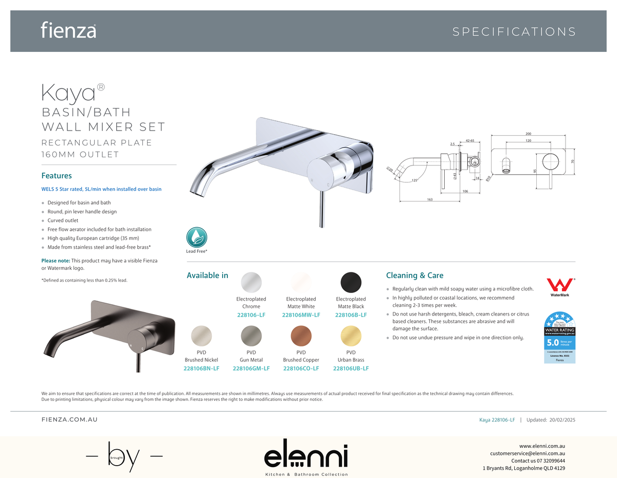 Kaya Basin/Bath Wall Mixer Dress Kit, Rectangular Plate, 160mm Outlet - Trim Kit Only - Spec sheet