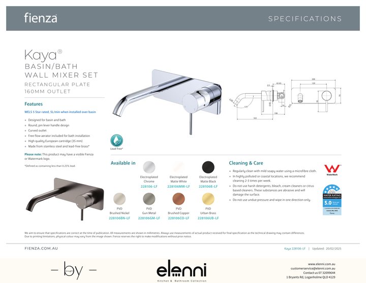Kaya Basin/Bath Wall Mixer Dress Kit, Rectangular Plate, 160mm Outlet - Trim Kit Only - Spec sheet