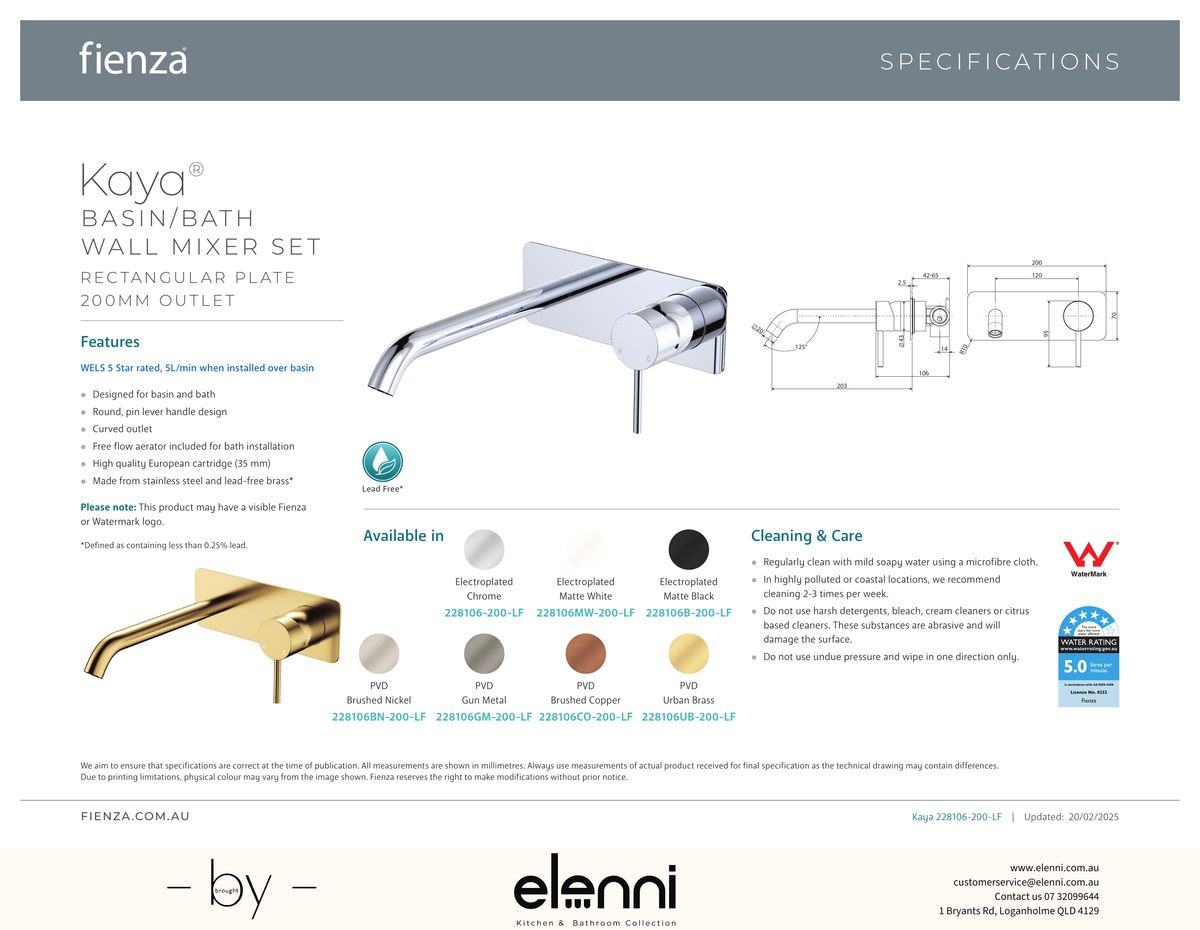 Kaya Basin/Bath Wall Mixer Dress Kit, Rectangular Plate, 200mm Outlet - Trim Kit Only - Spec sheet
