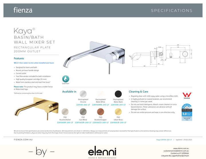 Kaya Basin/Bath Wall Mixer Dress Kit, Rectangular Plate, 200mm Outlet - Trim Kit Only - Spec sheet