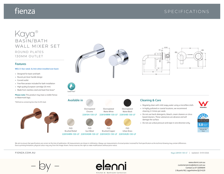Kaya Basin/Bath Wall Mixer Dress Kit, Round Plates, 130mm Outlet - Trim Kit Only - Spec sheet