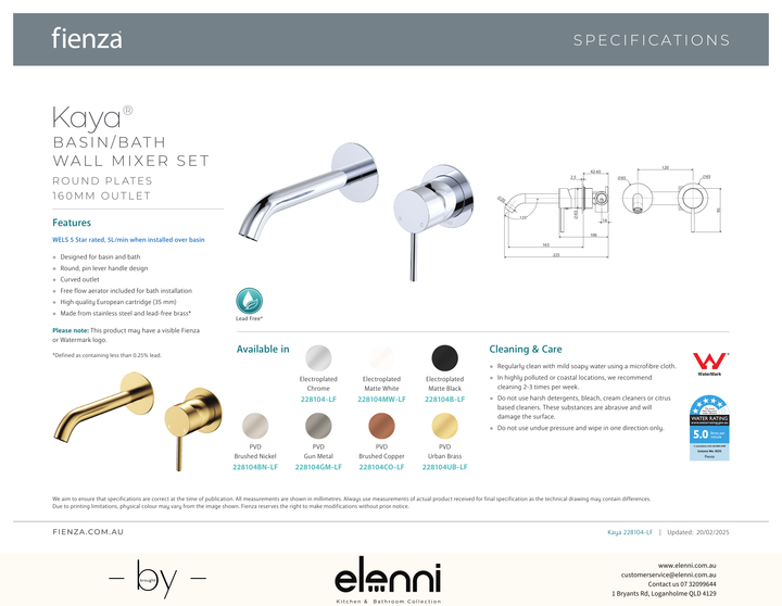 Kaya Basin/Bath Wall Mixer Dress Kit, Round Plates, 160mm Outlet - Trim Kit Only - Spec sheet