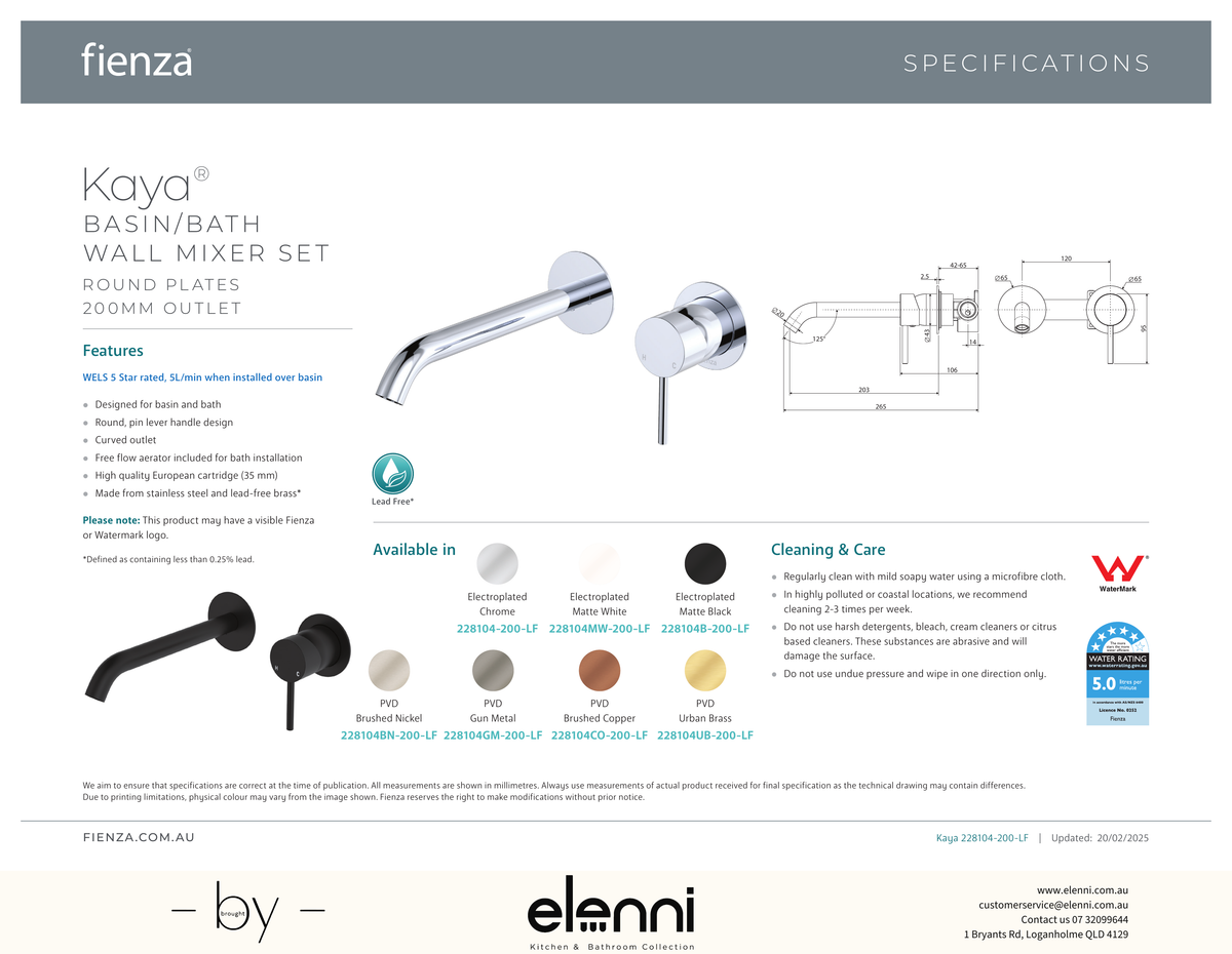 Kaya Basin/Bath Wall Mixer Dress Kit, Round Plates, 200mm Outlet - Trim Kit Only - Spec sheet