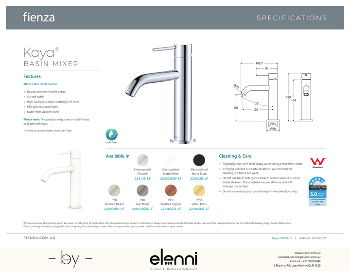 Kaya Basin Mixer - Spec sheet