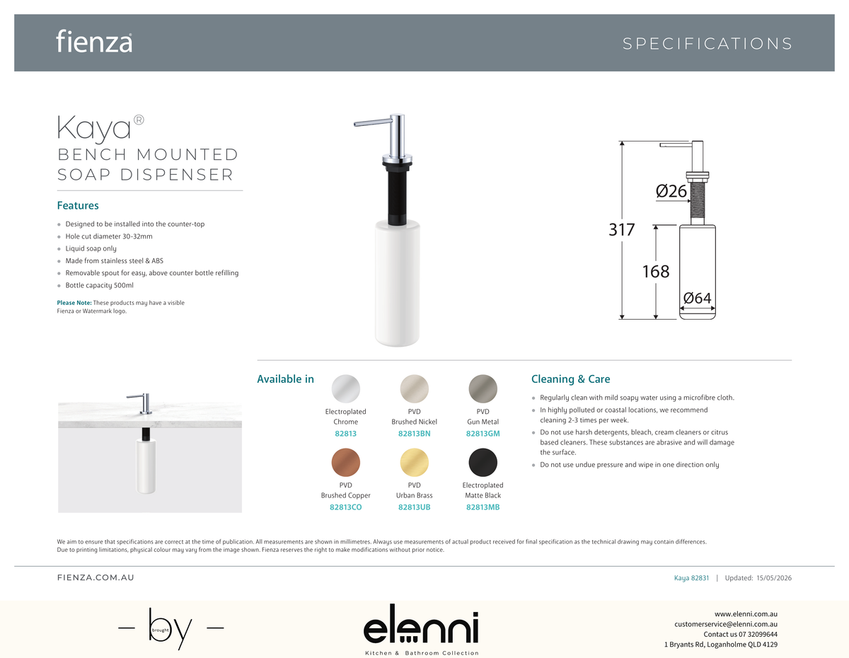 Kaya Bench Mounted Soap Dispenser - Spec sheet