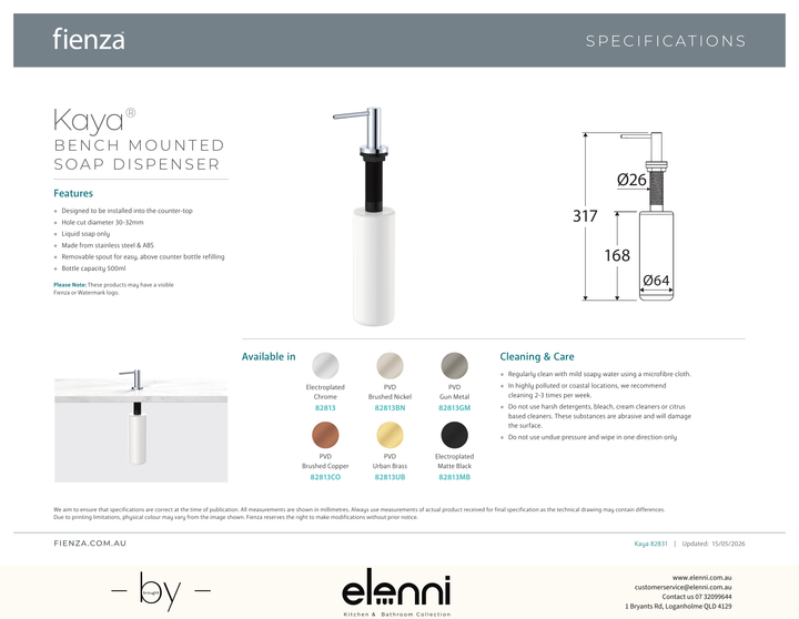 Kaya Bench Mounted Soap Dispenser - Spec sheet