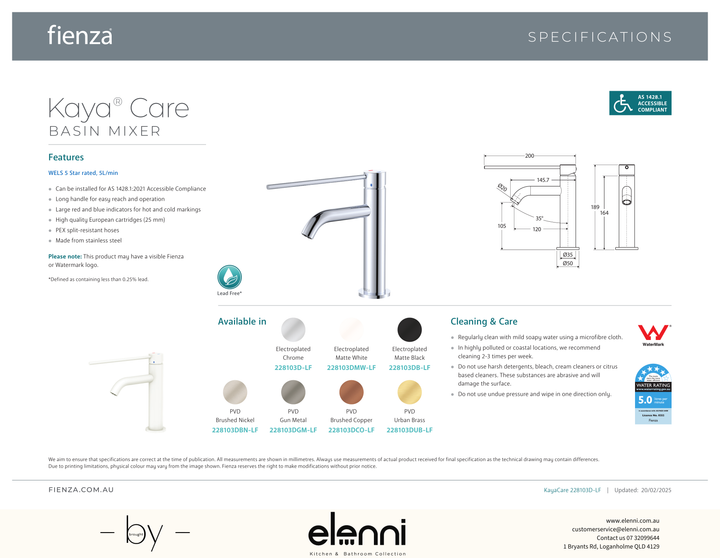 Kaya Care Basin Mixer - Spec sheet