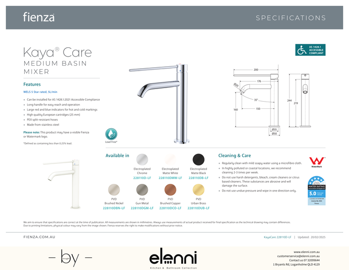 Kaya Care Medium Basin Mixer - Spec sheet