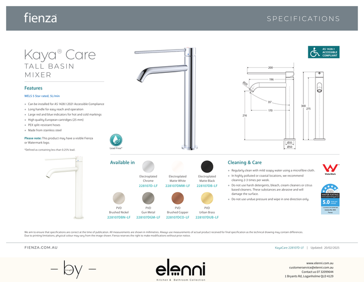 Kaya Care Tall Basin Mixer - Spec sheet
