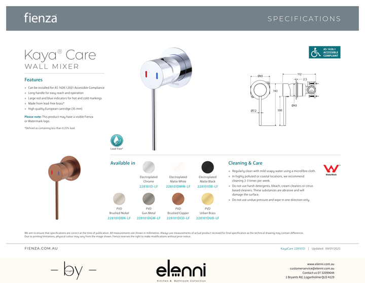 Kaya Care Wall Mixer - Spec sheet