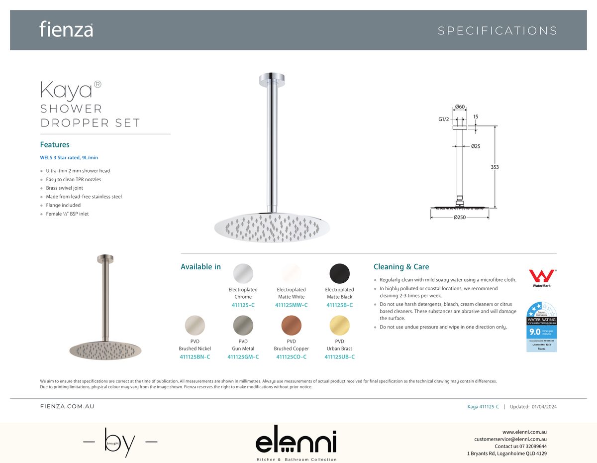 Kaya Ceiling Shower 250mm Head, 350mm Drop - Spec sheet