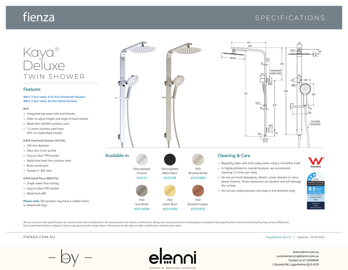 Kaya Deluxe Twin Shower - Spec sheet