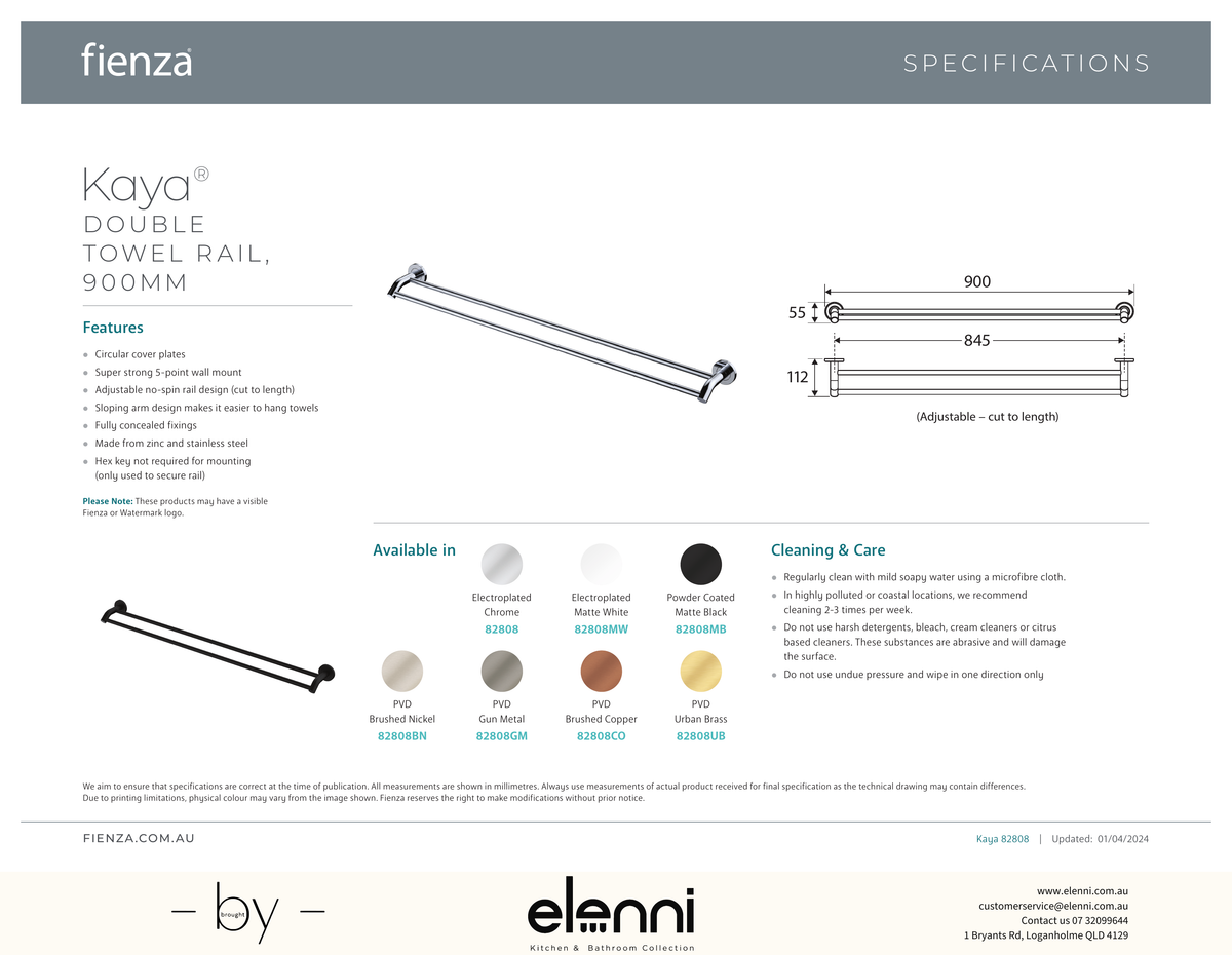 Kaya Double Towel Rail, 900mm - Spec sheet