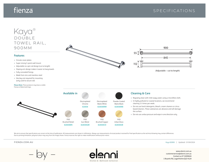 Kaya Double Towel Rail, 900mm - Spec sheet