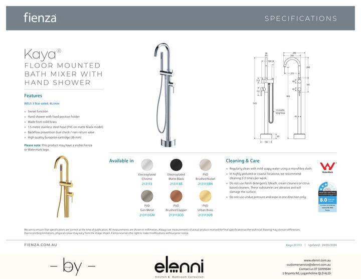 Kaya Floor Mounted Bath Mixer With Hand Shower - Spec sheet