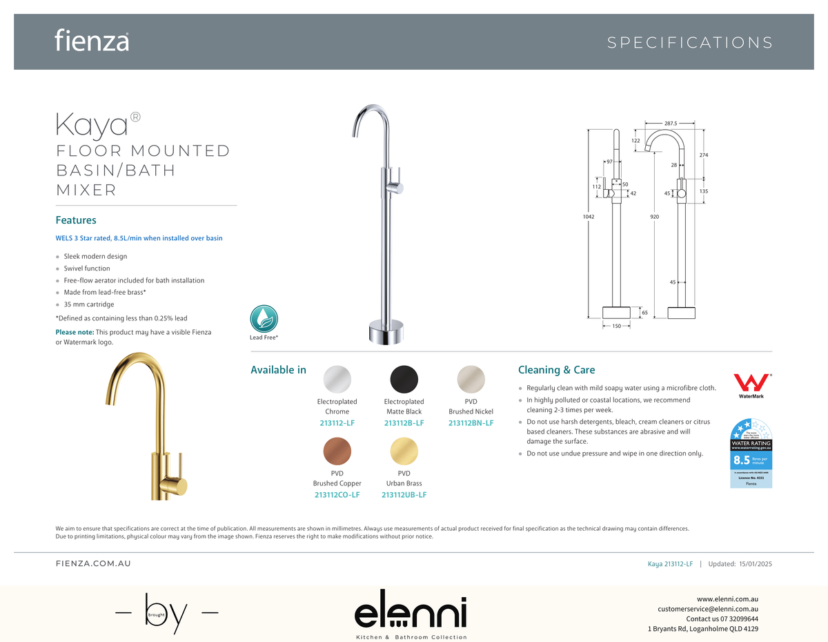 Kaya Floor Mounted Bath Mixer - Spec sheet