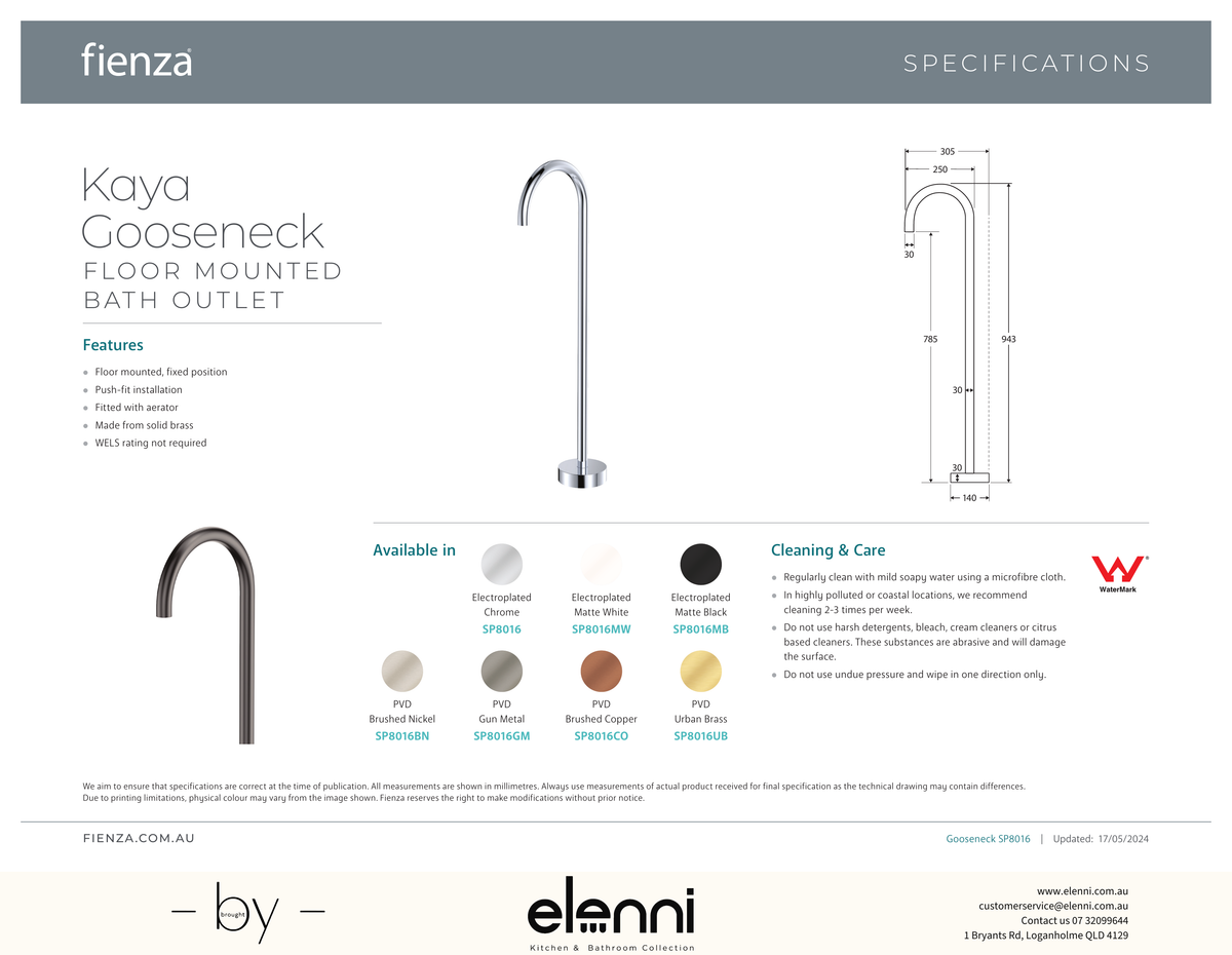Kaya Gooseneck Floor Mounted Bath Outlet - Spec sheet