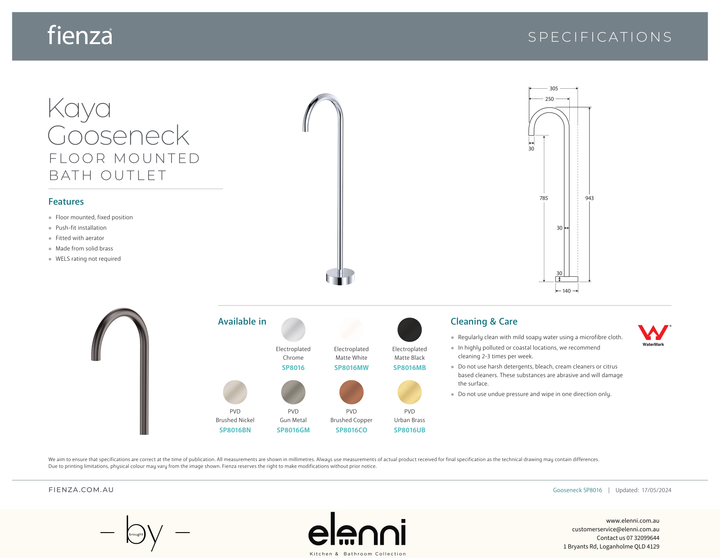 Kaya Gooseneck Floor Mounted Bath Outlet - Spec sheet