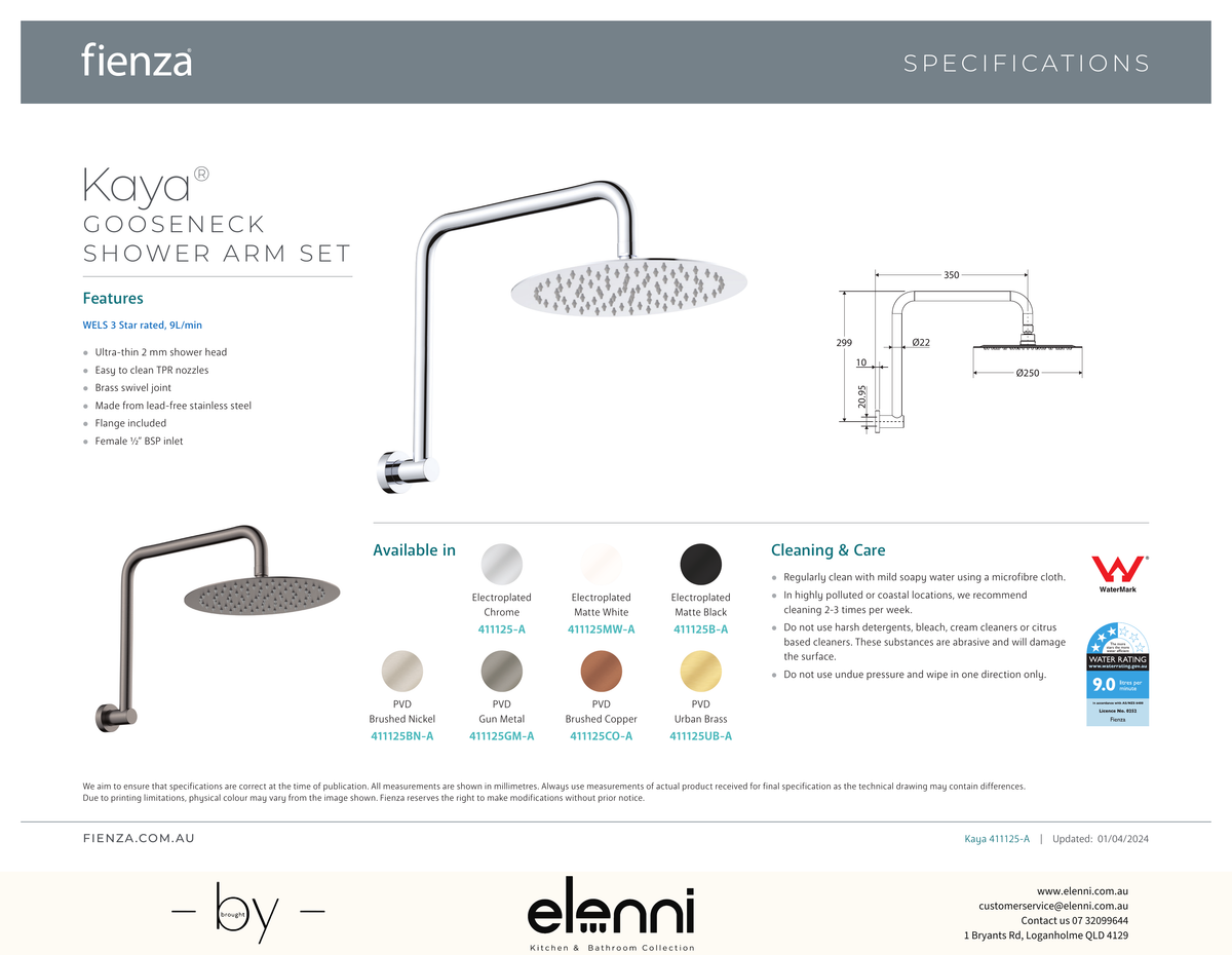 Kaya Gooseneck Shower Arm Set - Spec sheet