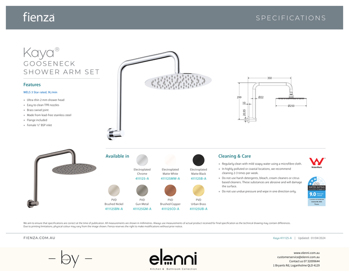 Kaya Gooseneck Shower Arm Set - Spec sheet