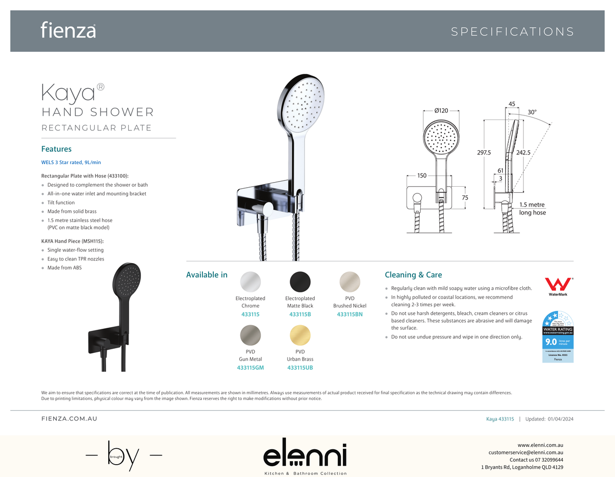 Kaya Hand Shower, Rectangular Plate - Spec sheet