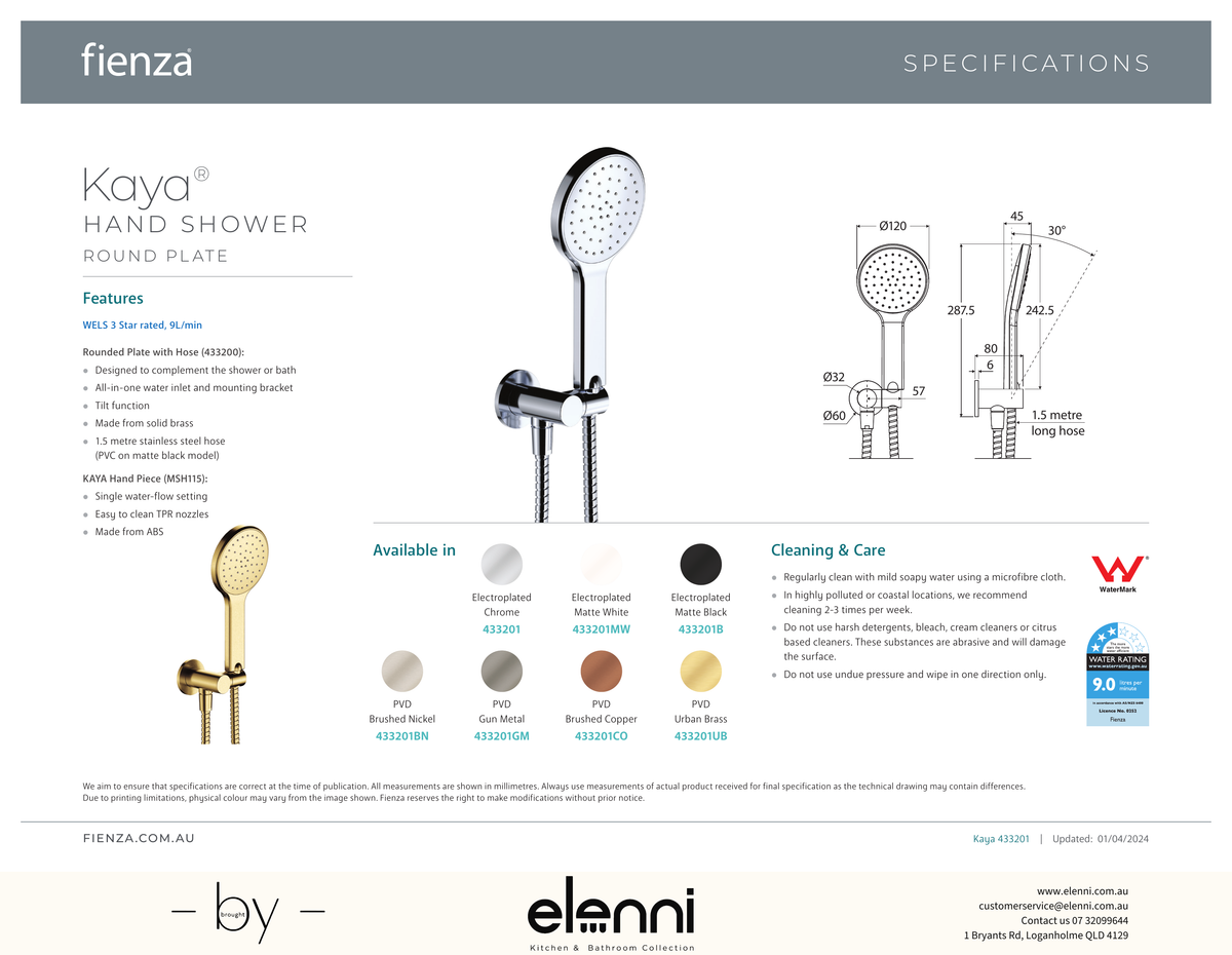 Kaya Hand Shower, Round Plate - Spec sheet