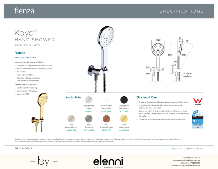 Kaya Hand Shower, Round Plate - Spec sheet