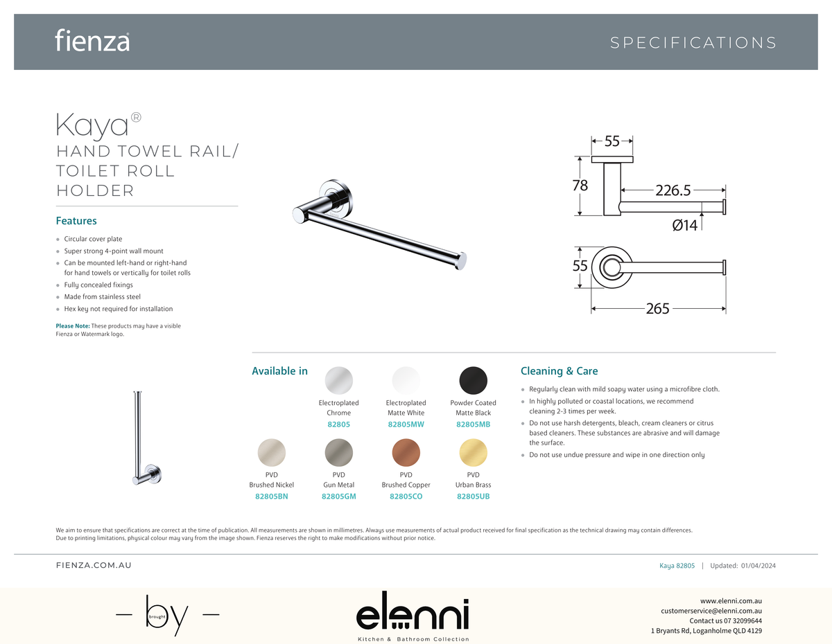 Kaya Hand Towel Rail / Toilet Roll Holder - Spec sheet