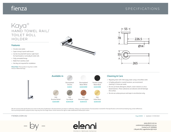 Kaya Hand Towel Rail / Toilet Roll Holder - Spec sheet