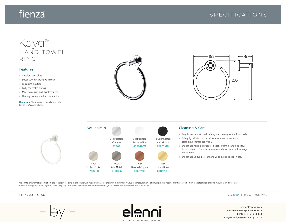 Kaya Hand Towel Ring - Spec sheet
