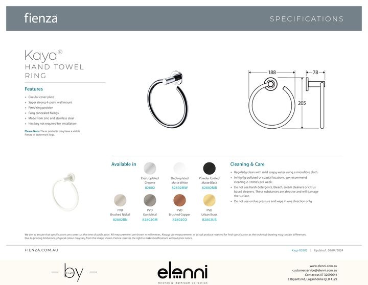 Kaya Hand Towel Ring - Spec sheet