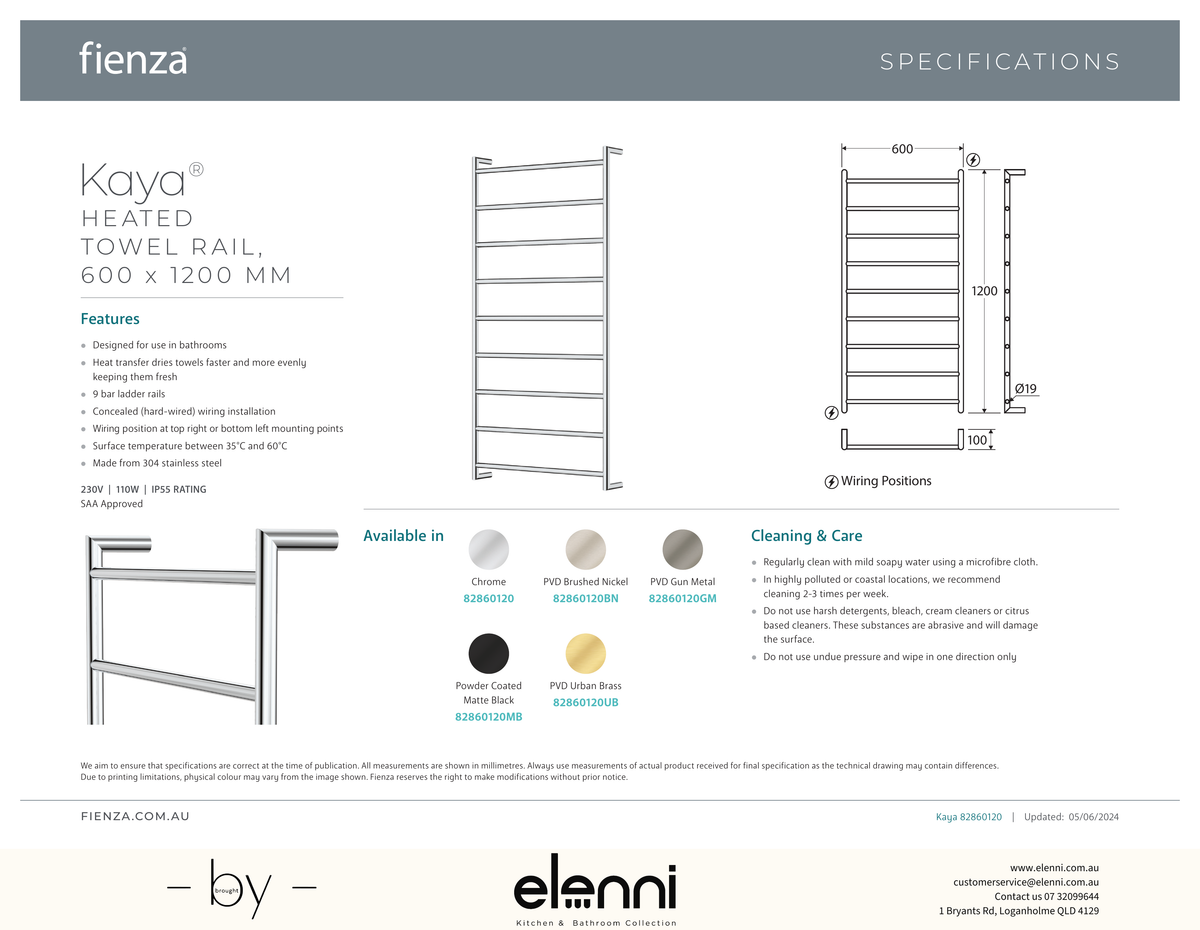Kaya Heated Towel Rail, 600 x 1200mm - Spec sheet