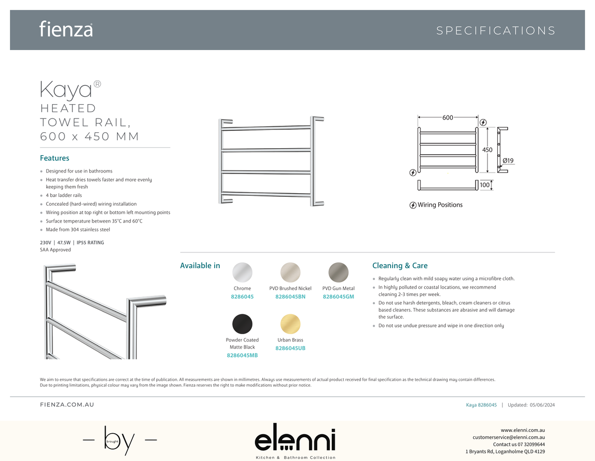 Kaya Heated Towel Rail, 600 x 450mm - Spec sheet