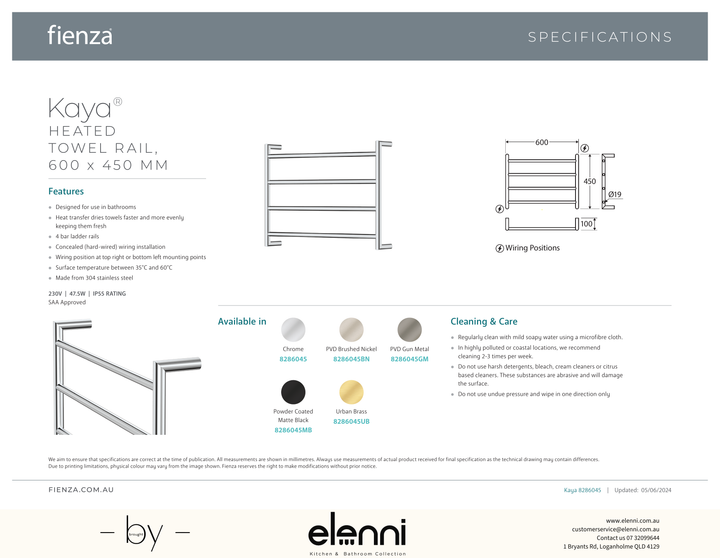 Kaya Heated Towel Rail, 600 x 450mm - Spec sheet