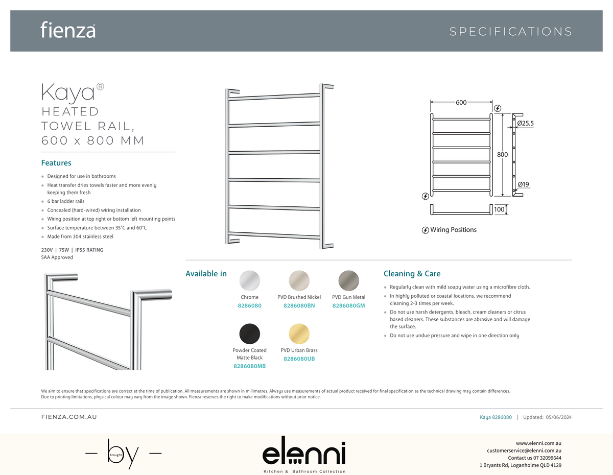 Kaya Heated Towel Rail, 600 x 800mm - Spec sheet
