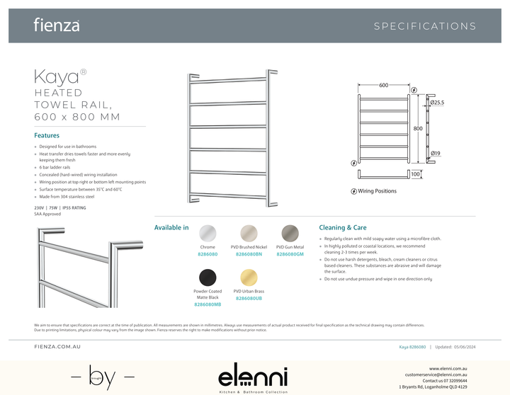 Kaya Heated Towel Rail, 600 x 800mm - Spec sheet