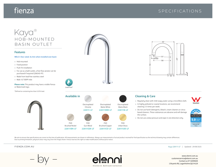 Kaya Hob Mounted Basin Outlet - Spec sheet