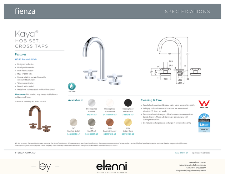 Kaya Hob Set Dress Kit, Cross Taps - Trim Kit Only - Elenni specification drawing