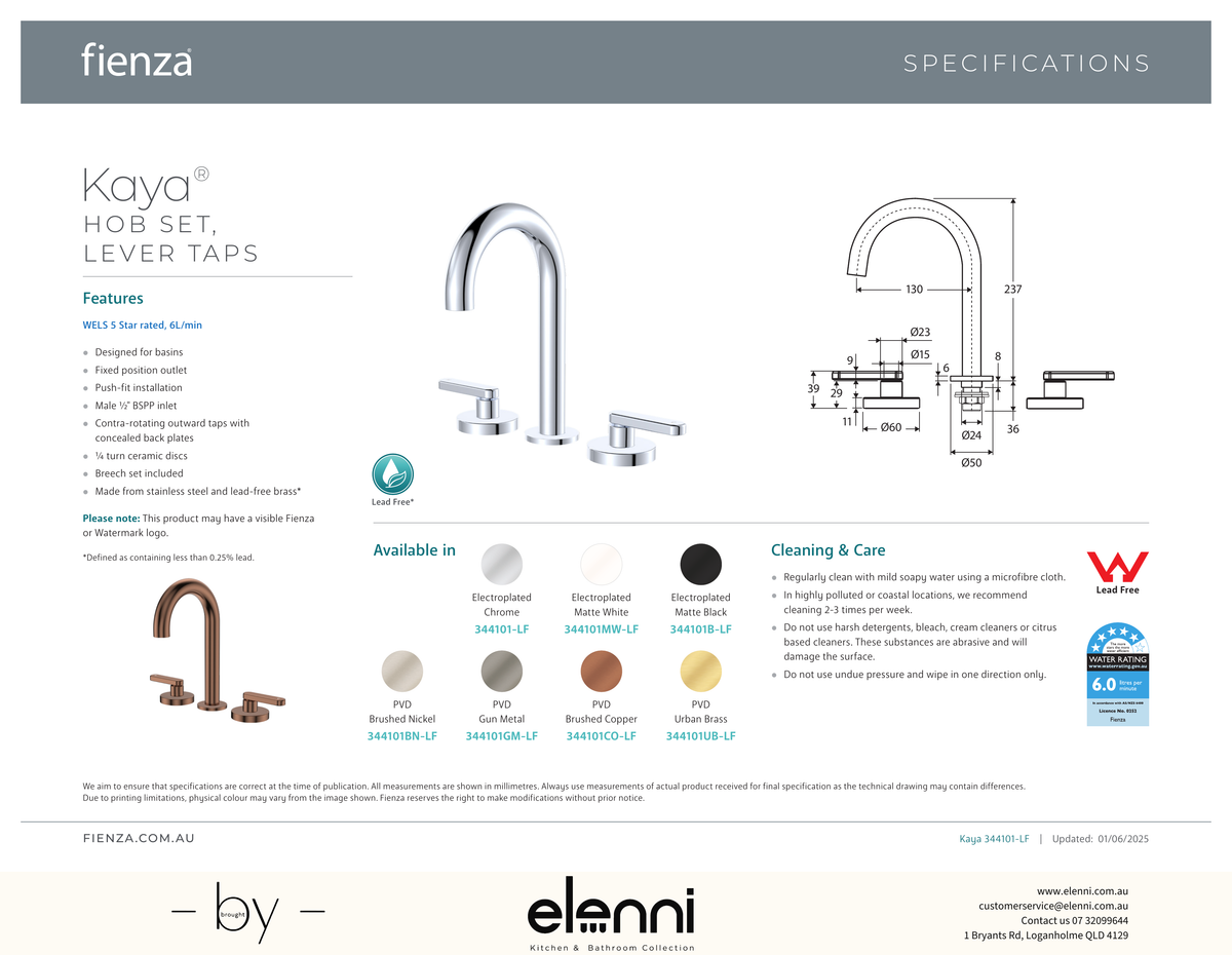 Kaya Hob Set Dress Kit, Lever Taps - Trim Kit Only - Elenni specification drawing