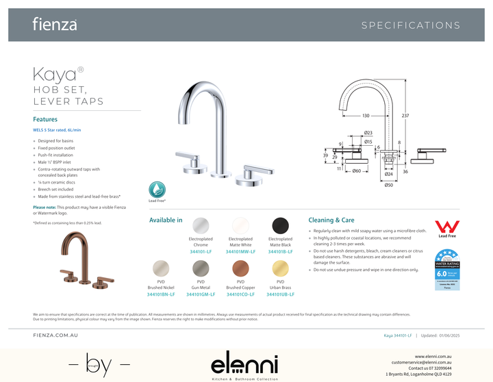 Kaya Hob Set Dress Kit, Lever Taps - Trim Kit Only - Elenni specification drawing