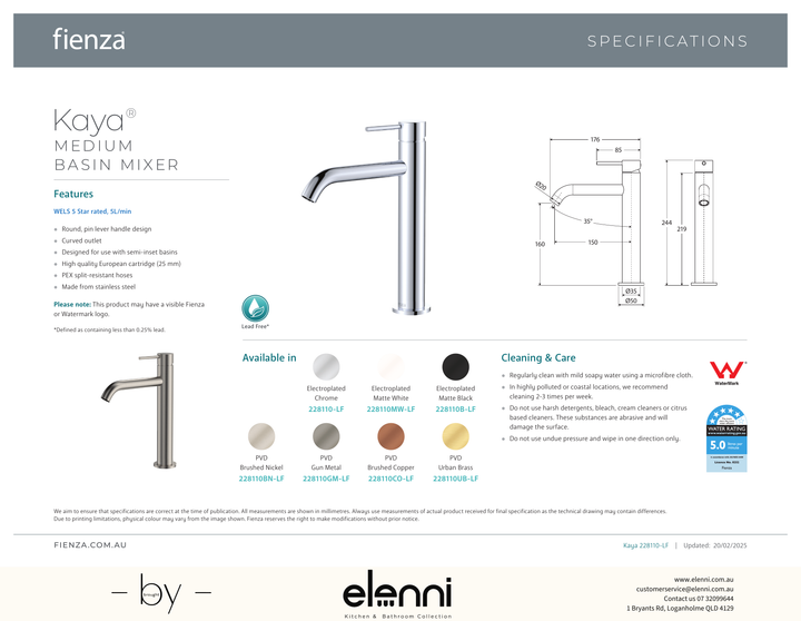 Kaya Medium Basin Mixer - Spec sheet