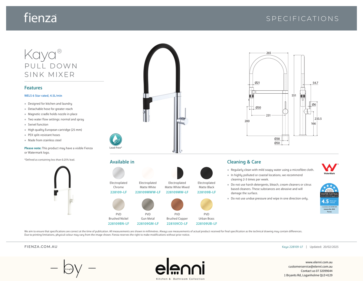 Kaya Pull Down Sink Mixer - Spec sheet