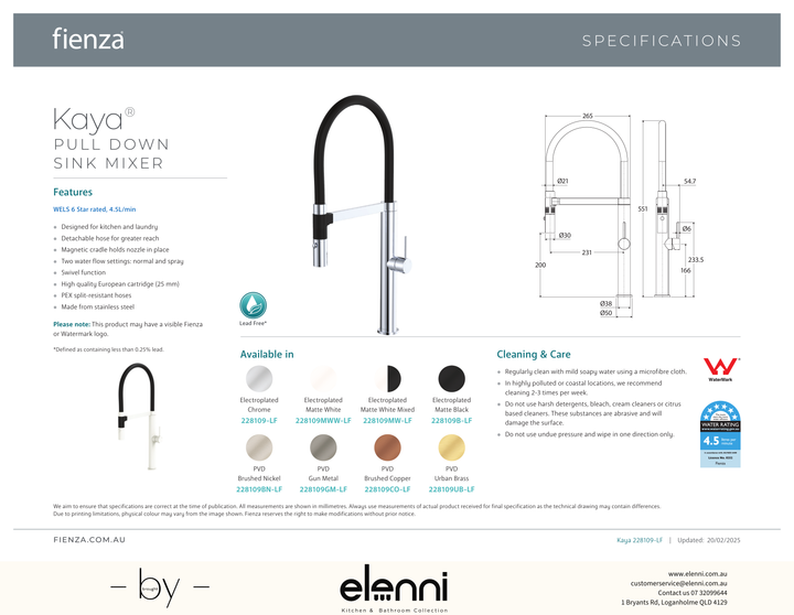 Kaya Pull Down Sink Mixer - Spec sheet